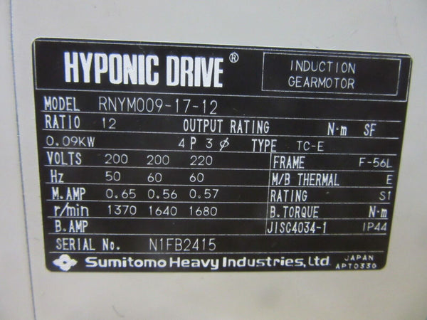 SUMITOMO  RNYM009-17-12 Induction Gearmotor 0.09 KW  Induktionsmotor  
