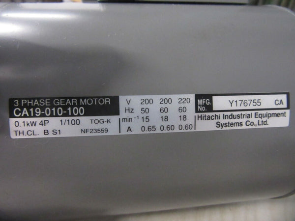 HITACHI Y175755 3 PHASE GEAR MOTOR CA19-010-100 0.1KW 1/100