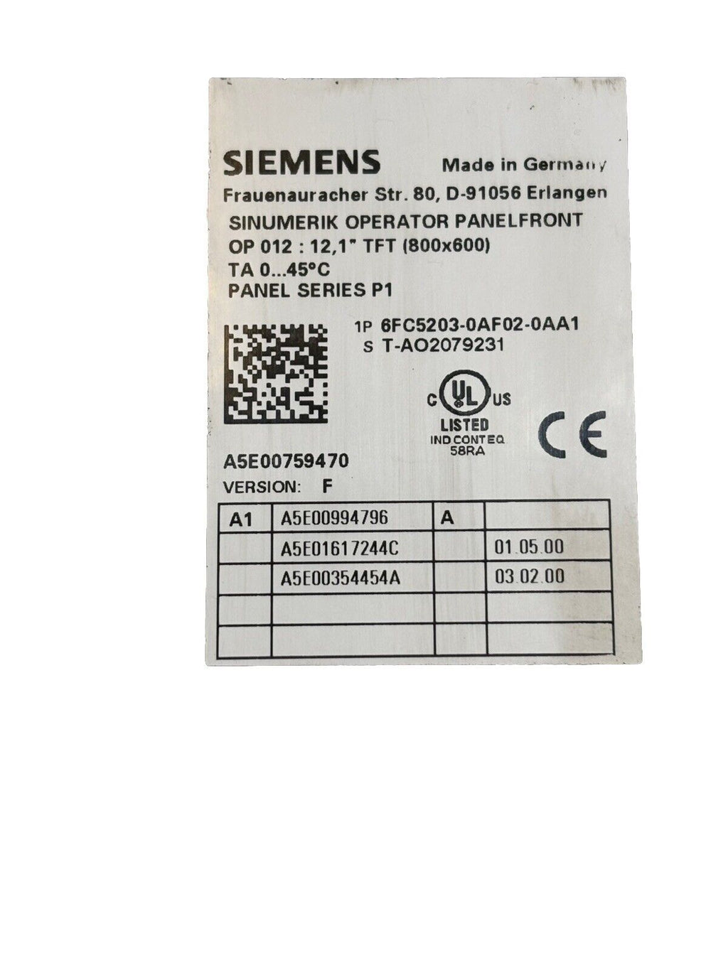 SIEMENS SINUMERIK 6FC5203-0AF02-0AA1 Version F Operator Panelfront