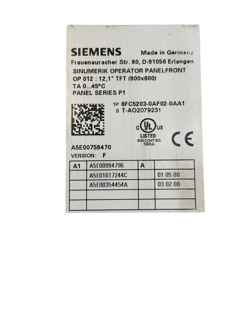 SIEMENS SINUMERIK 6FC5203-0AF02-0AA1 Version F Operator Panelfront