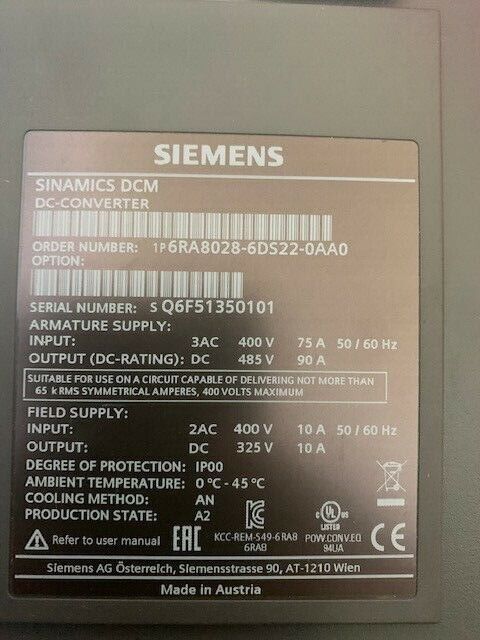 SIEMENS SINAMICS DCM DC Converter 6RA8028-6DS22-0AA0 DC 485V, 90A