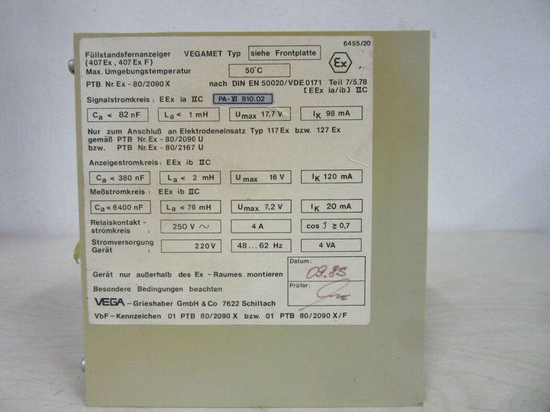 Vega Vegamet 407 ExF Füllstandsfernanzeiger PTB Nr. Ex-80/2090X