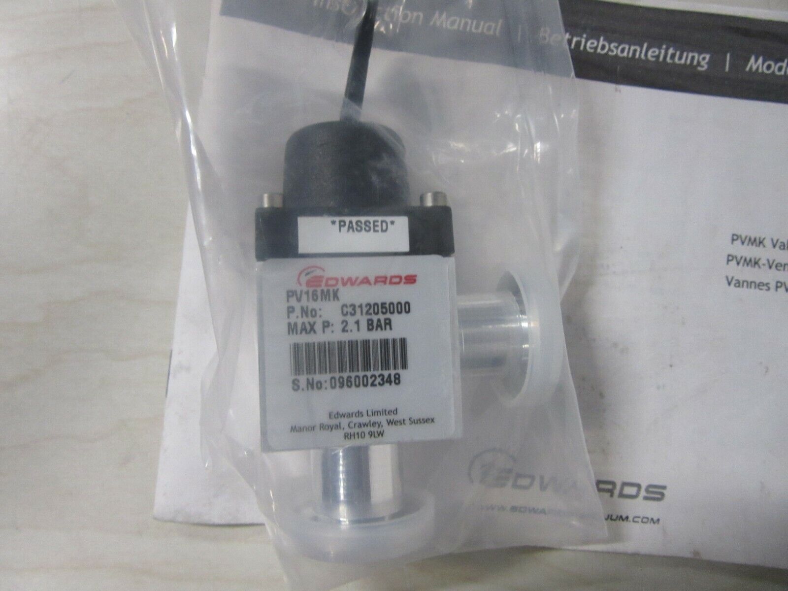 Edwards PV16MK C31205000 Max P: 2.1bar valve