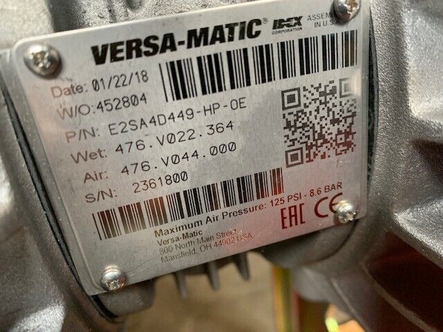 Versa-Matic Pump Model E2HP" Elima-Matic 2:1 Diaphragm Pump /Membran Pumpe