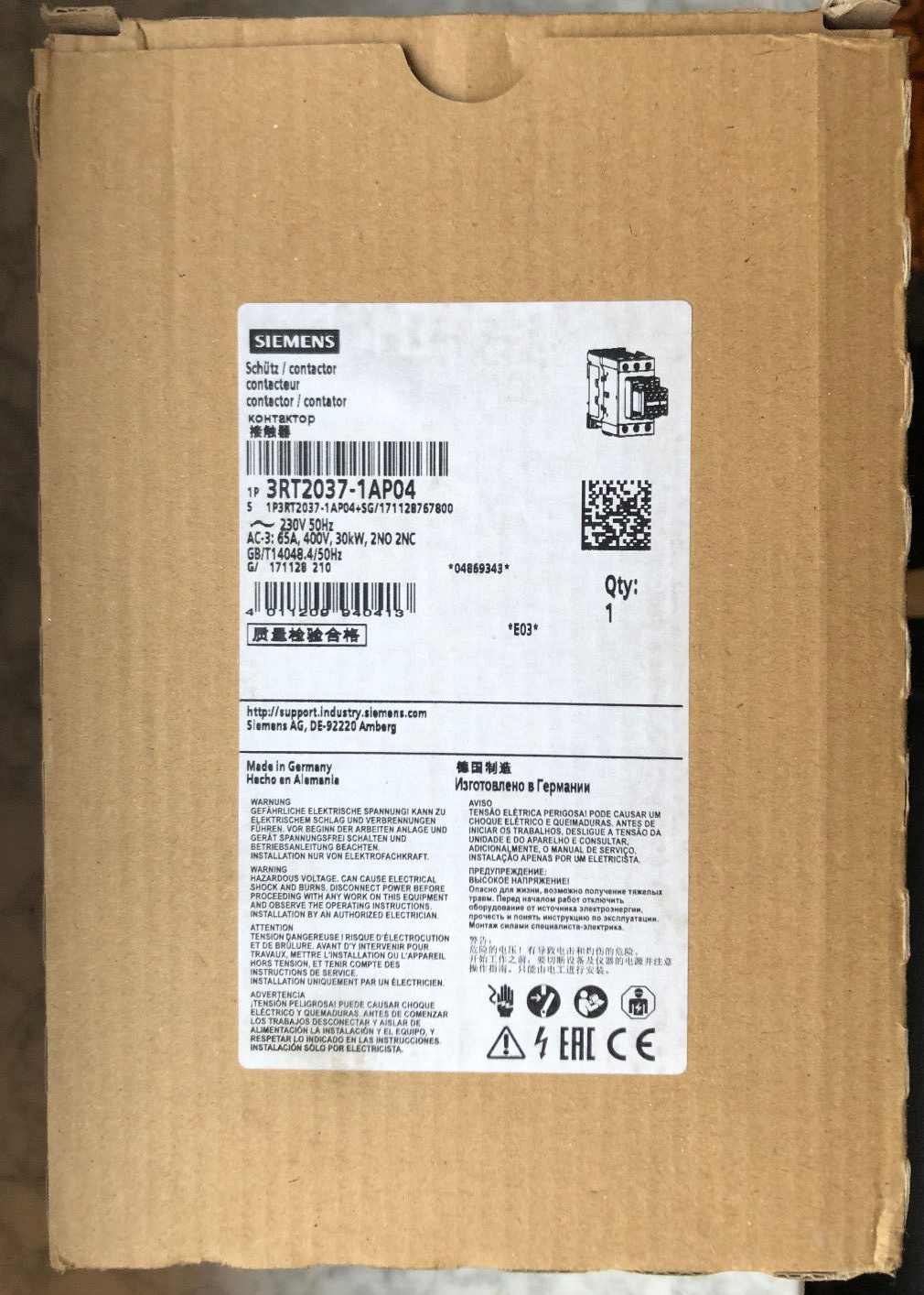 Siemens Schütz Contactor 3RT2037-1AP04 65A, 400V, 30KW