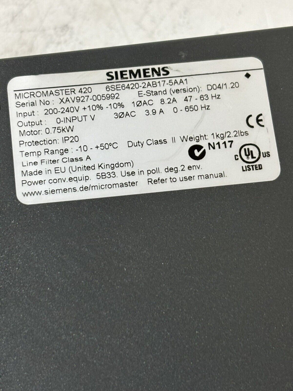 Siemens MICROMASTER 420 6SE6420-2AB17-5AA1 E-Stand D04/1.20