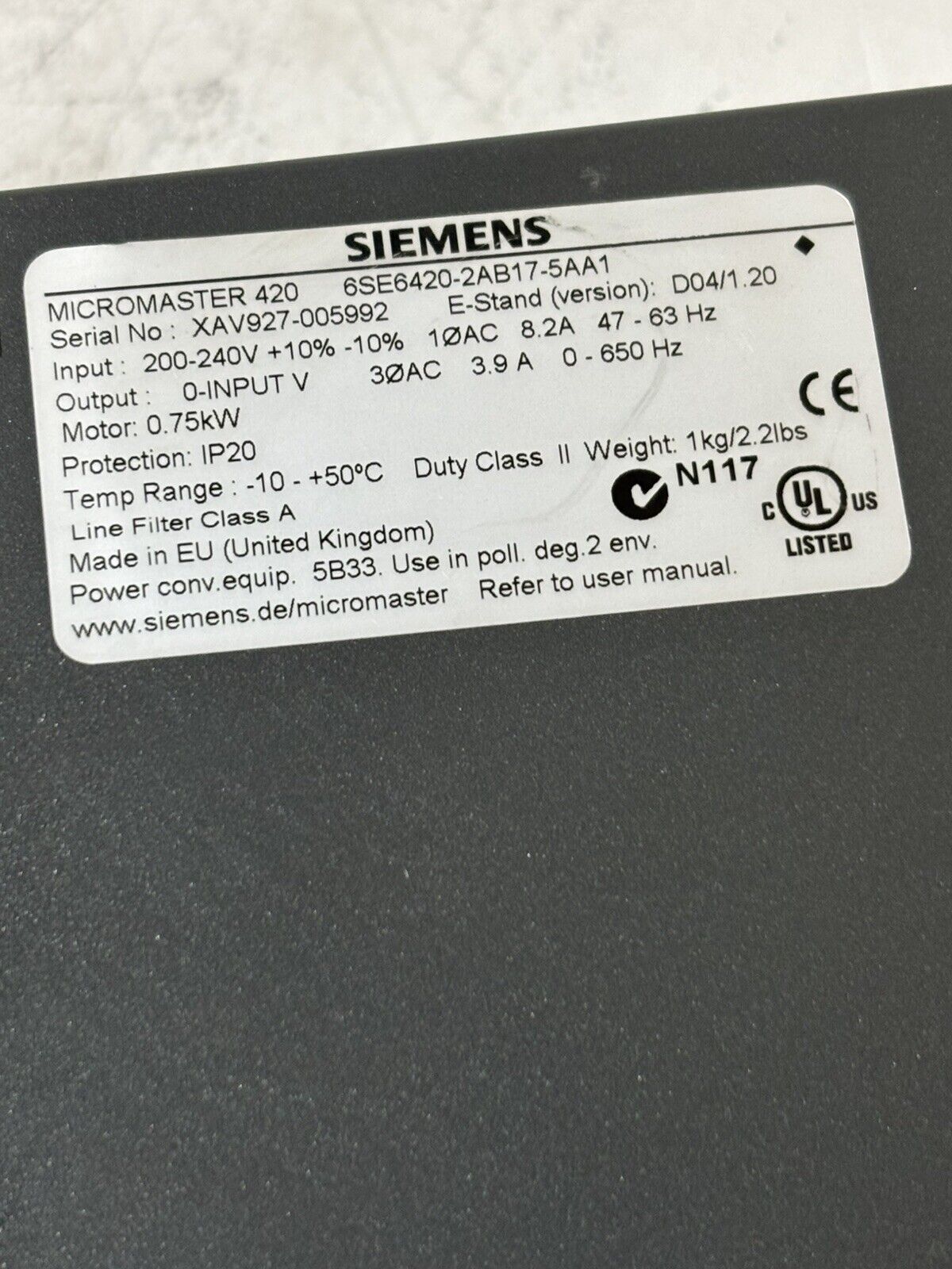 Siemens MICROMASTER 420 6SE6420-2AB17-5AA1 E-Stand D04/1.20