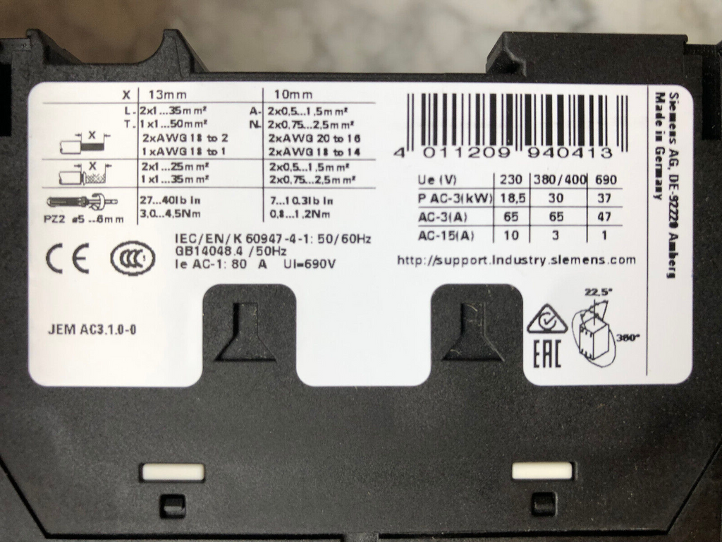 Siemens Schütz Contactor 3RT2037-1AP04 65A, 400V, 30KW