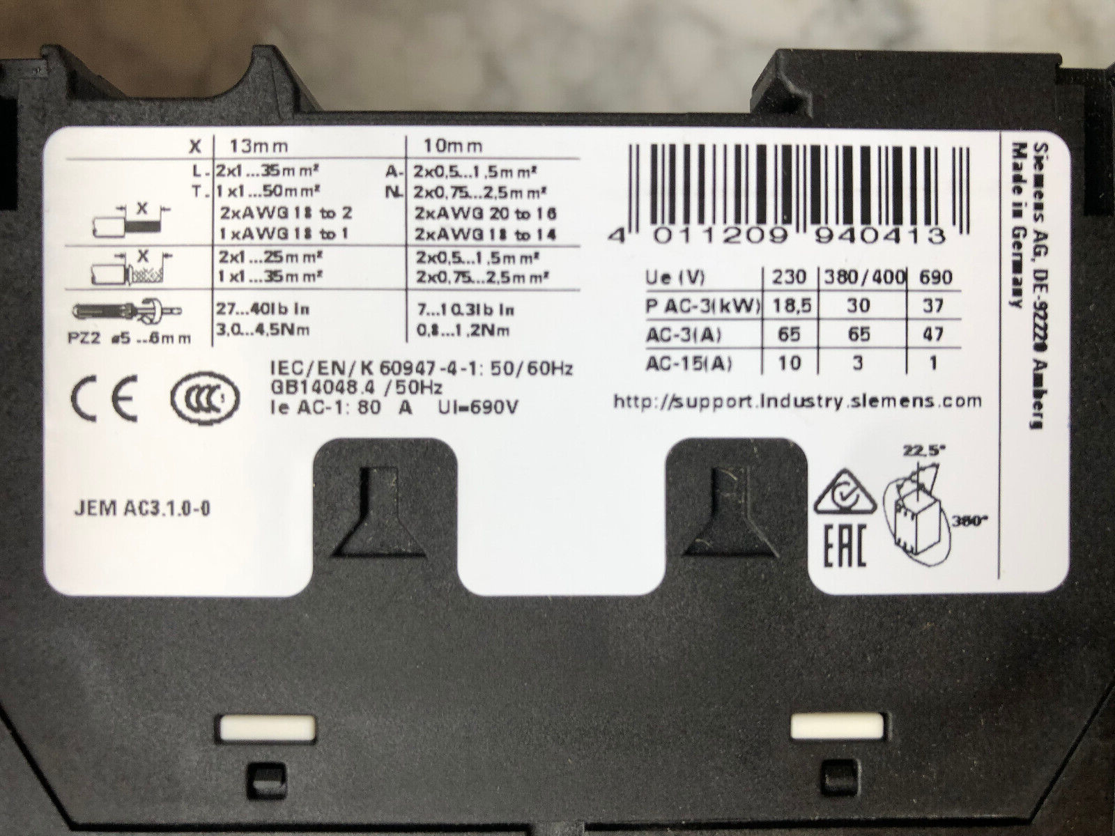 Siemens Schütz Contactor 3RT2037-1AP04 65A, 400V, 30KW