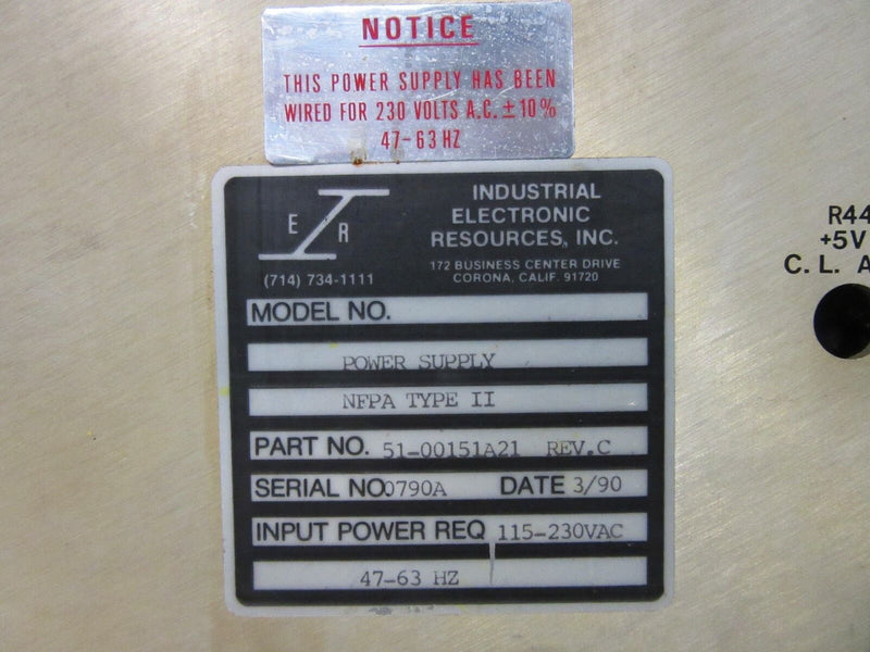 Industrial Electr. Resources Power Supply NFPA Type II 51-00151A21 Rev.C -used-