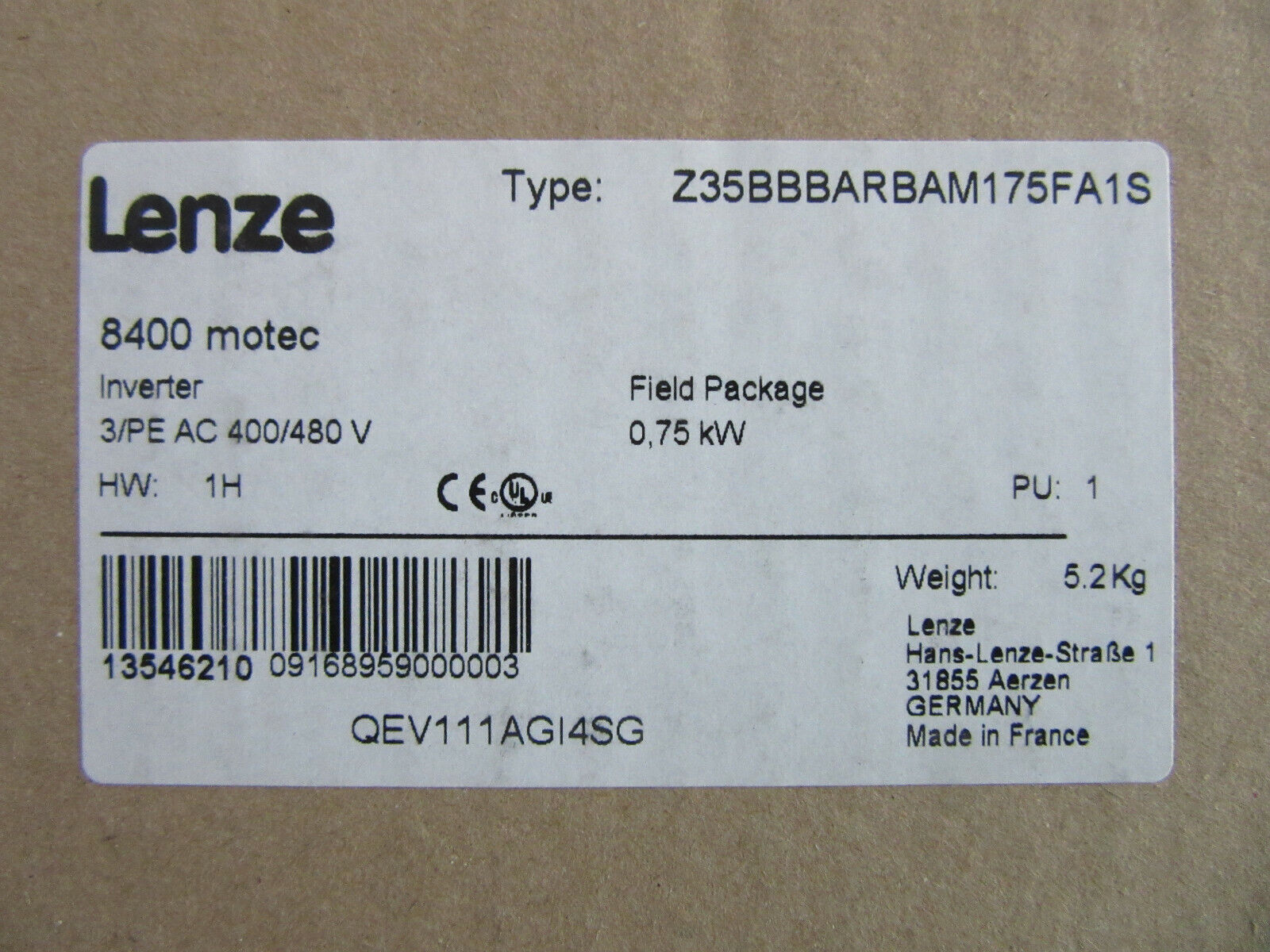 Lenze 8400 motec E84DGDVB75142PS HW: 0,75kW + Z35BBARBAM137FA1S -unused/OVP-