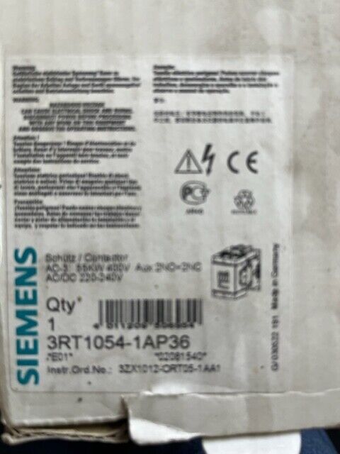 SIEMENS SCHÜTZ/CONTACTOR 3RT1054-1AP36 55KW SPULEN SPANNUNG 220-240V AC