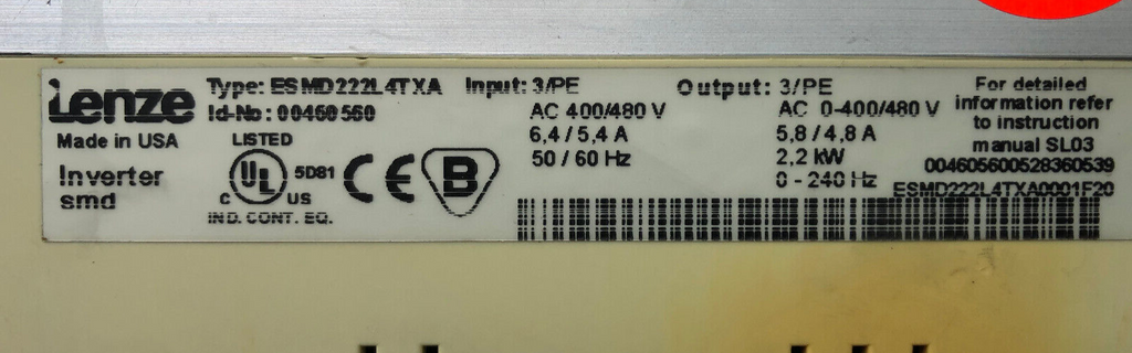 Lenze Frequenzumrichter ES MD222L4TXA 2,2KW ID-Nr. 00460 560