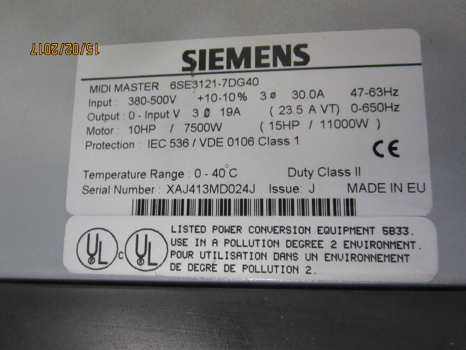 Siemens Midi Master 6SE3121-7DG40 Input: 30.0A Output: 19A -used-