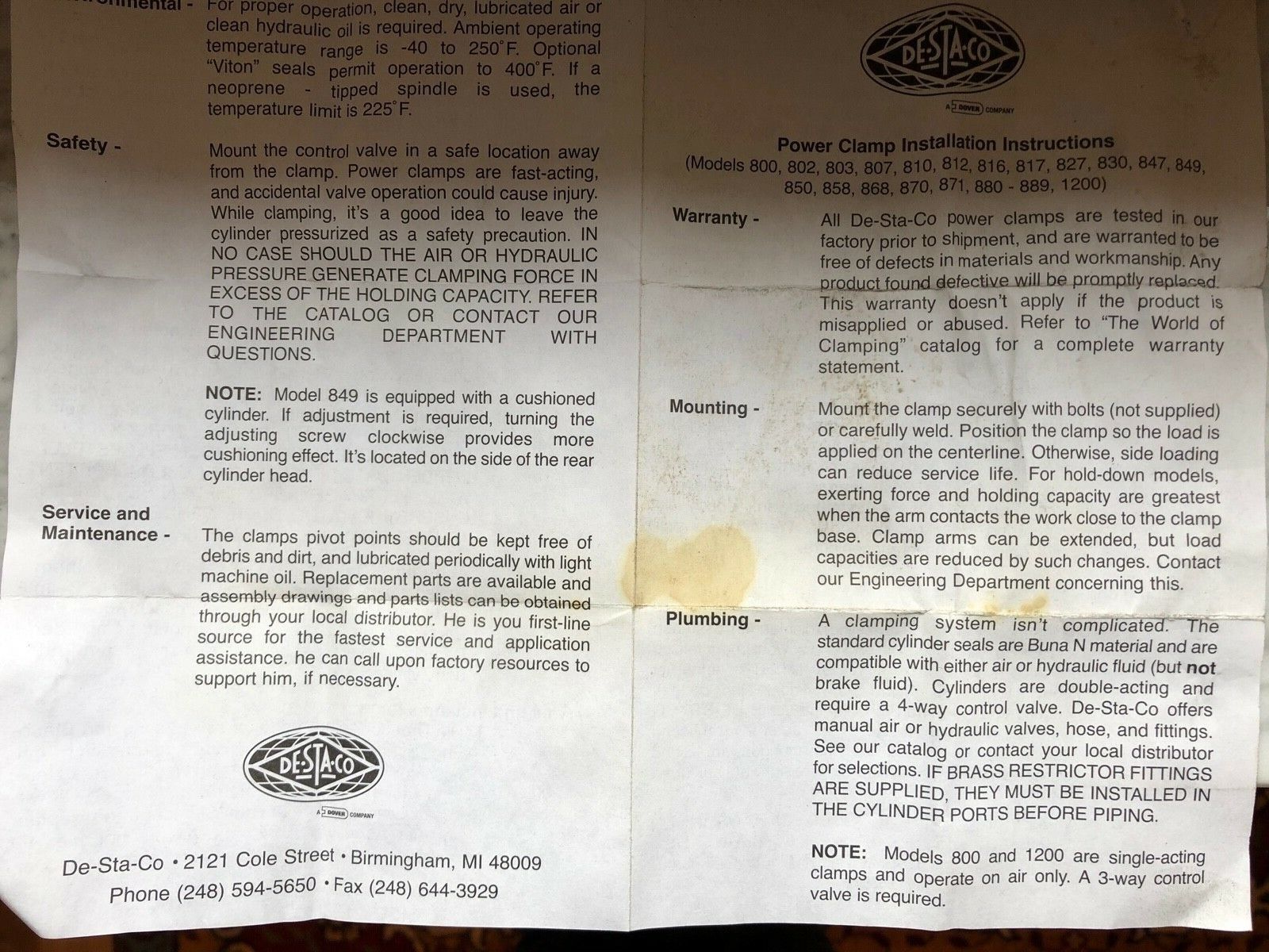 De-Sta-Co Pneumatische Klemme Kraftspanner 149Modell 830m