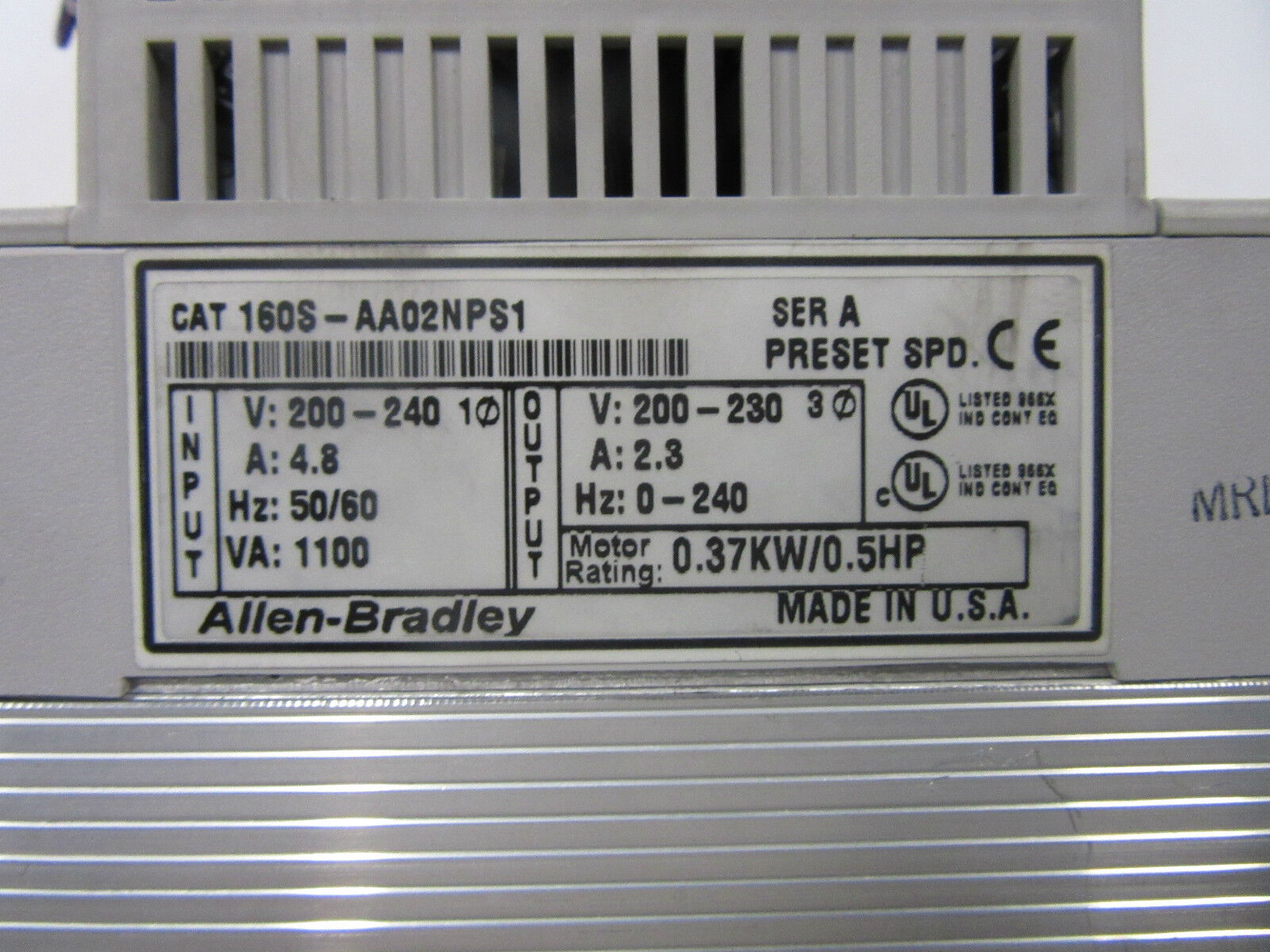 Allen-Bradley CAT 160S-AA02NPS1 Motor Rating: 0.37KW/0.5HP