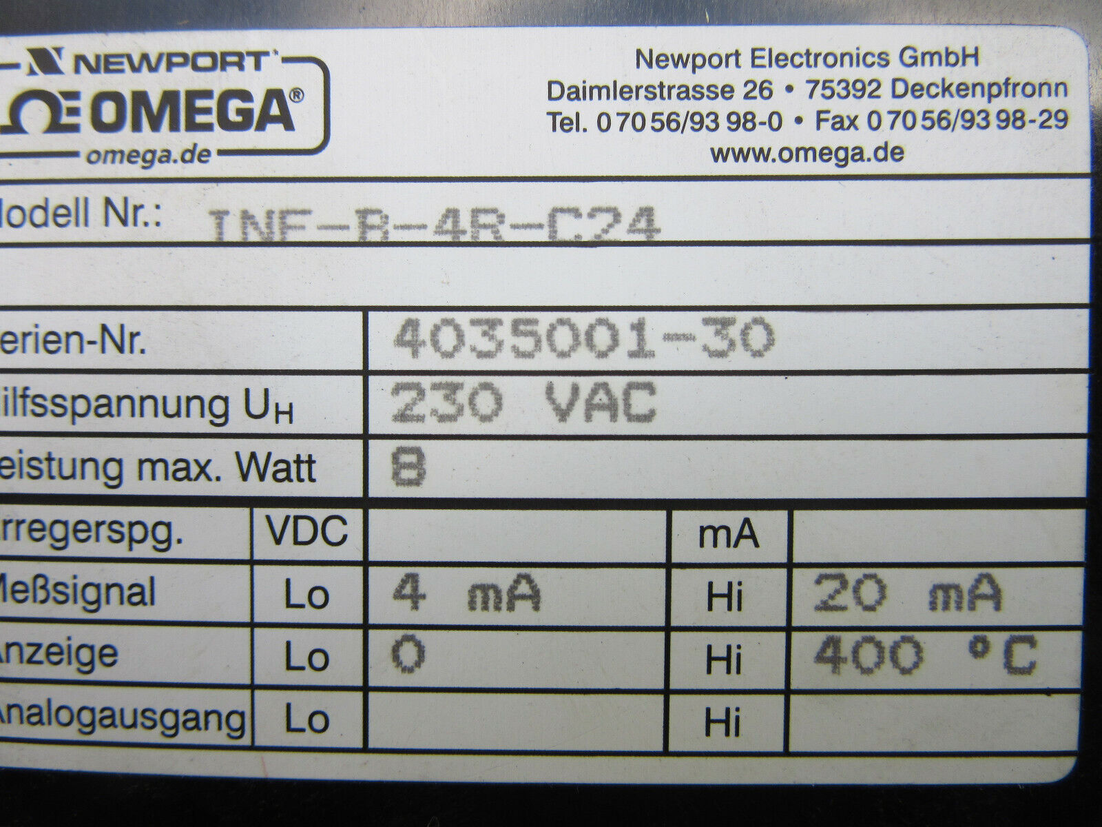 Newport Omega Temperaturregler INF-B-4R-C24 0°C - 400°C 