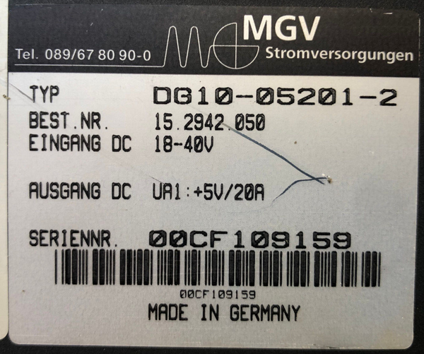 MGV Stromversorgungen DG10-05201-2 Nr. 15.2942.050 5V/20A