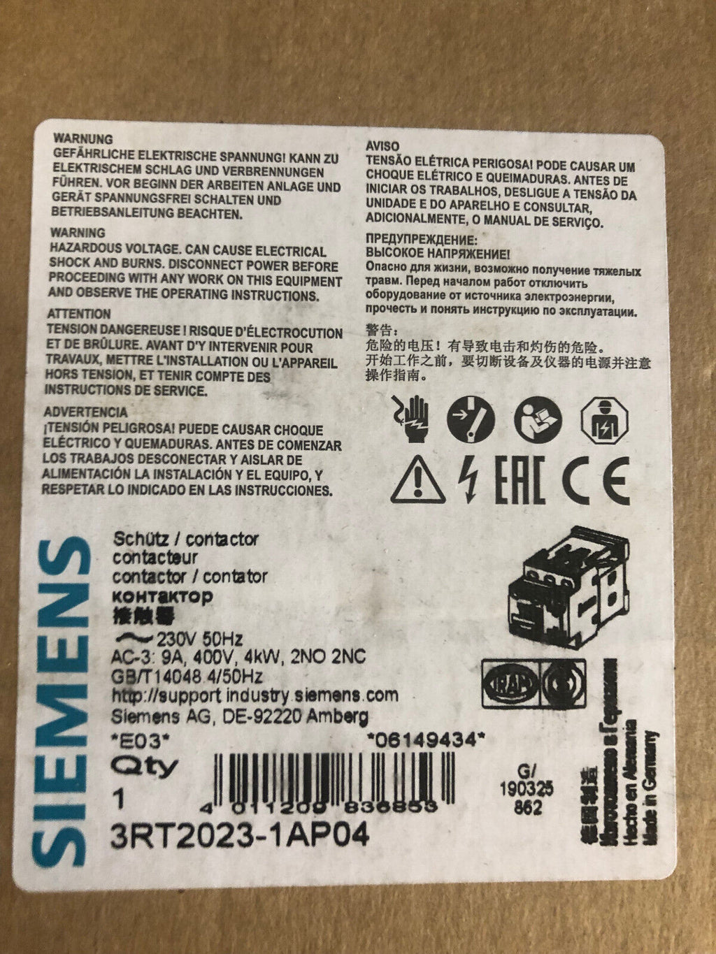 Siemens Schütz Contactor 3RT2023-1AP04 400V, 4KW