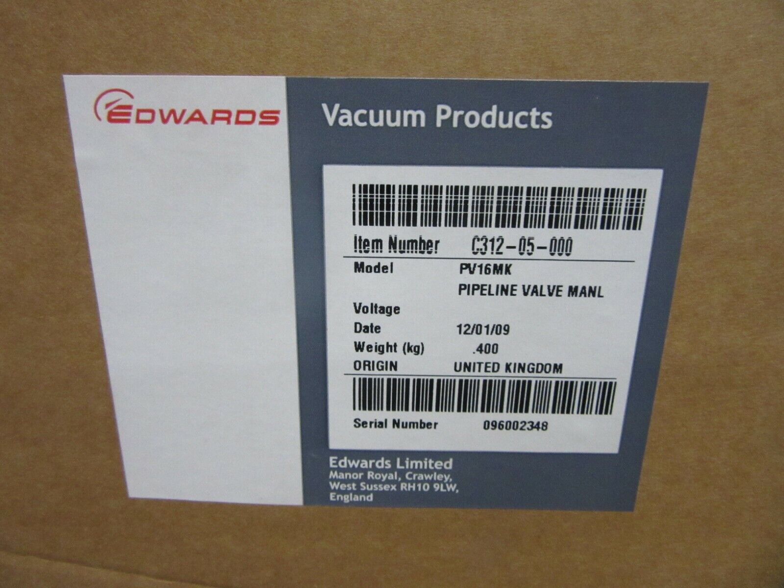 Edwards PV16MK C31205000 Max P: 2.1bar valve