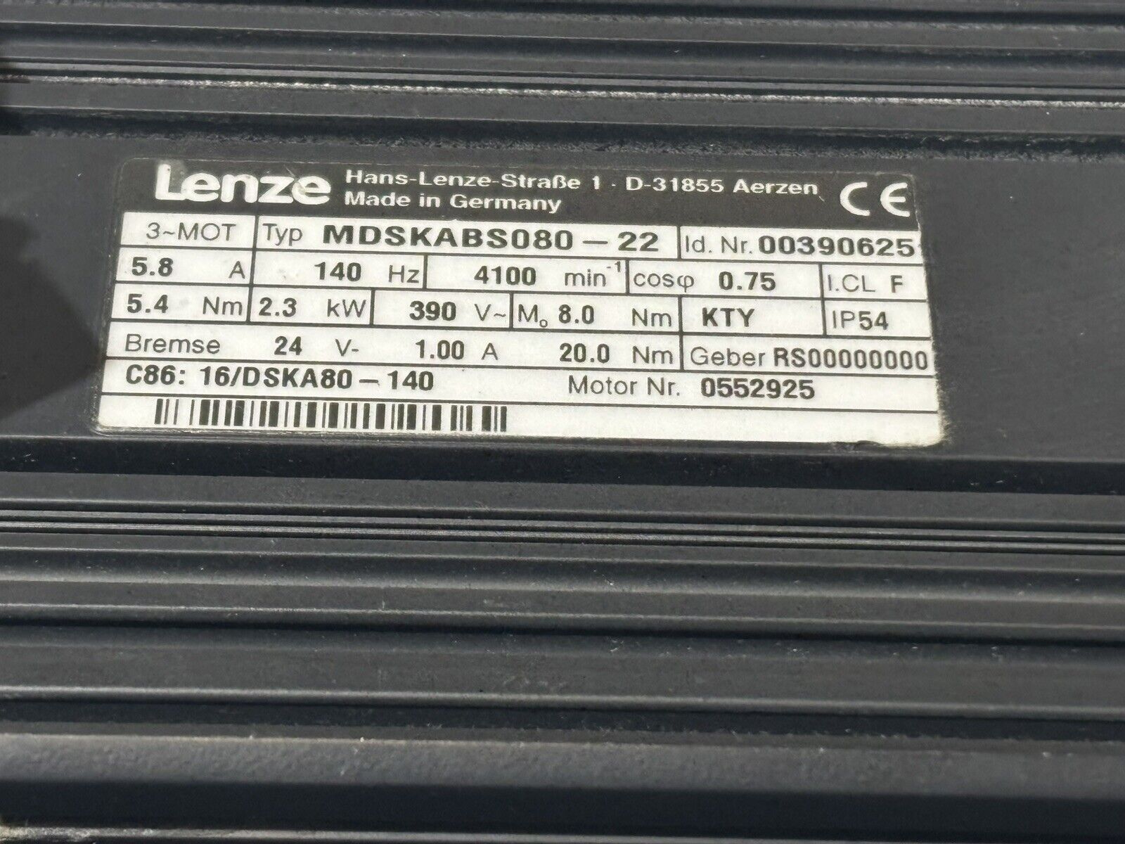 LENZE MDSKABS080-22 Servomotor 3-Phasen ID.Nr. 00390625