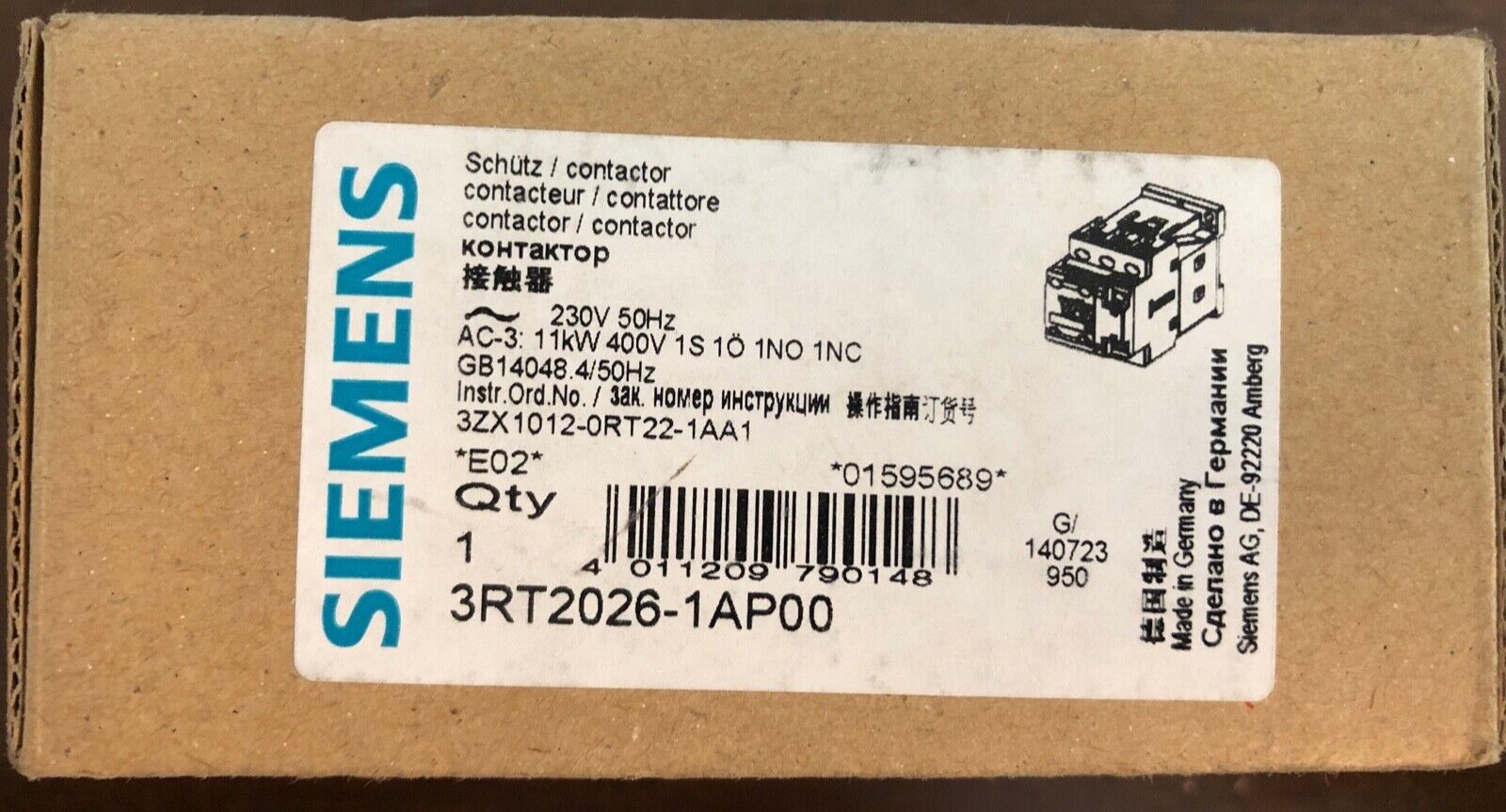 Siemens 3RT2026-1AP00 Schütz 11kW 1S/1Ö 3polig AC230V -neu, unused, OVP-
