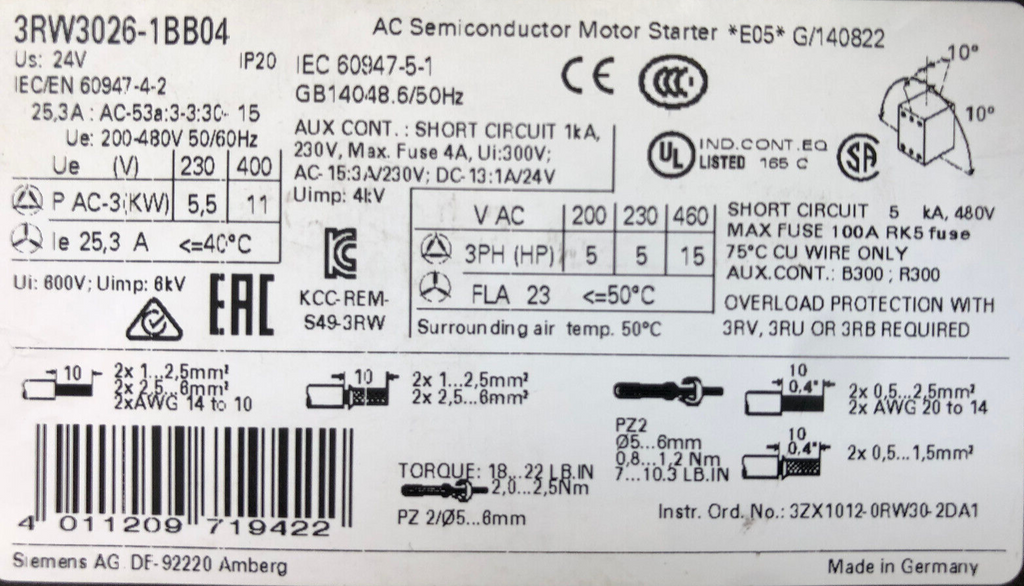 Siemens Sirius 3RW3026-1BB04 AC Semiconductor Motor Starter