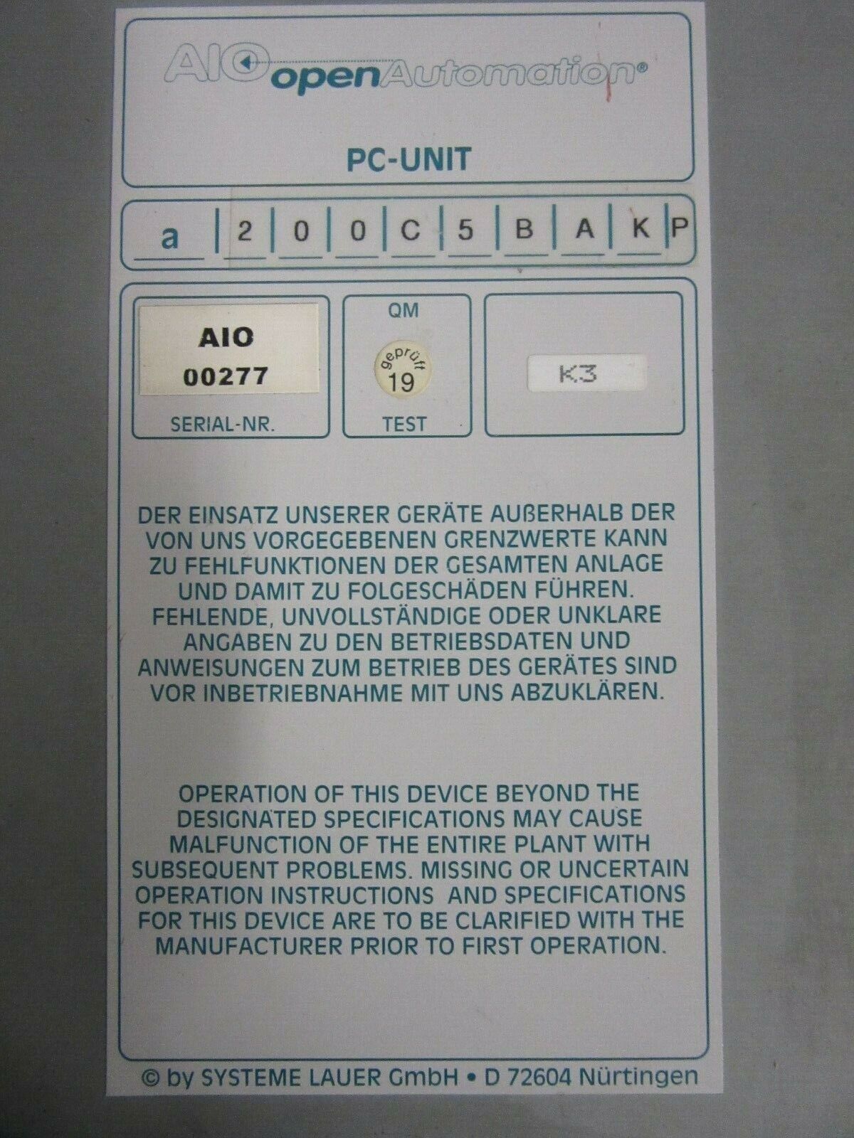 AIO openAutomation a200C5BAKP Lauer Display Operator Panel OP