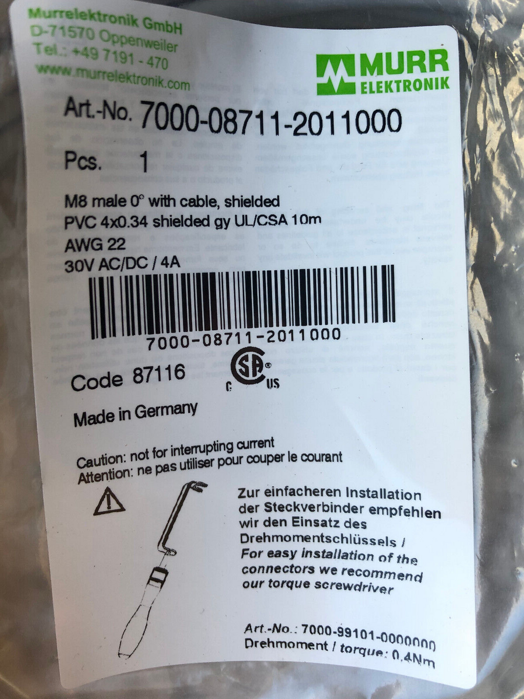 MURR Elektronik 7000-08711-2011000 Kabel M8male 30VAC/DC 4A, 4-adrig