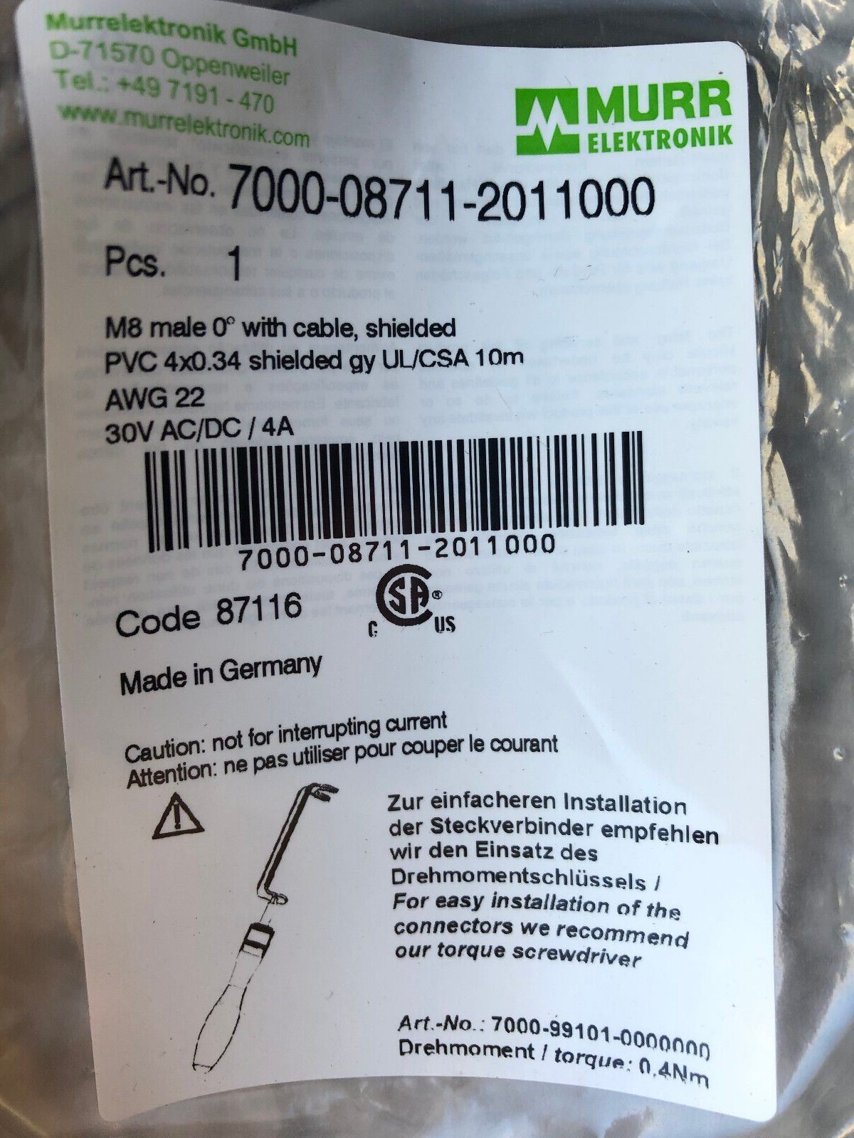 MURR Elektronik 7000-08711-2011000 Kabel M8male 30VAC/DC 4A, 4-adrig