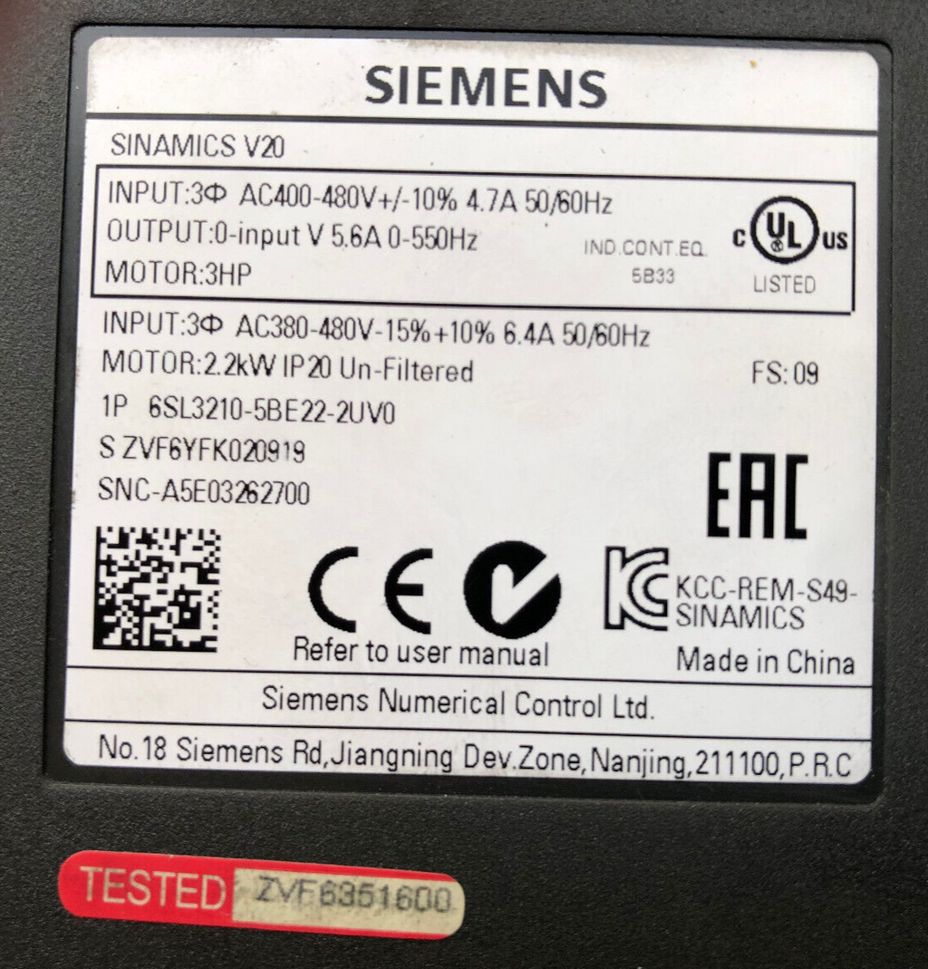 Siemens SINAMICS V20 6SL3210-5BE22-2UV0