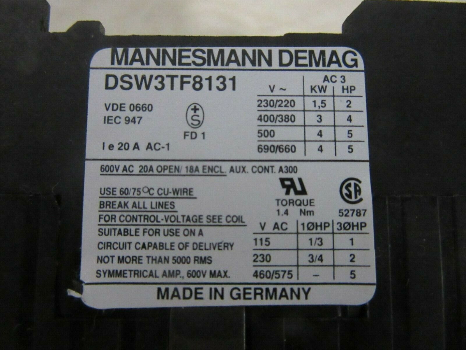 Mannesmann Demag  DSW 3TF 8631 K-W-Schutz 230/220V 50Hz