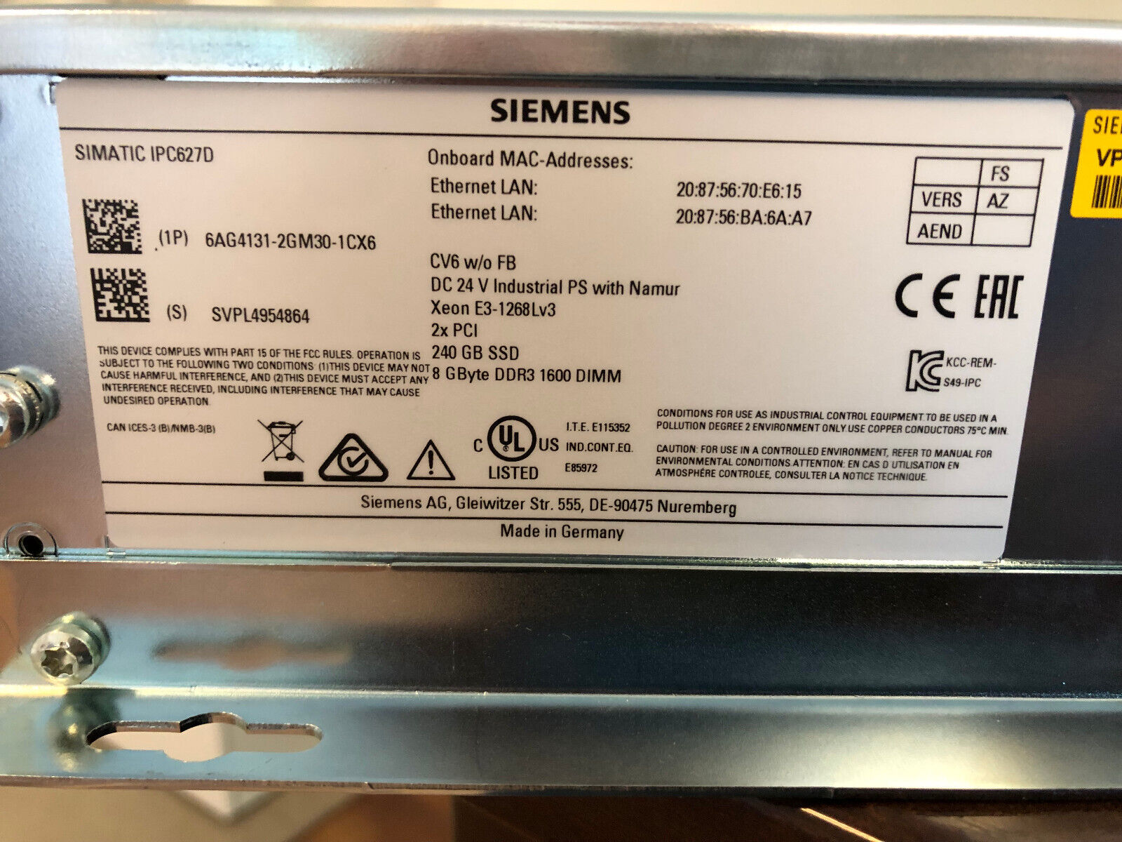 SIEMENS Simatic Box PC IPC627D 6AG4131-2GM30-1CX6