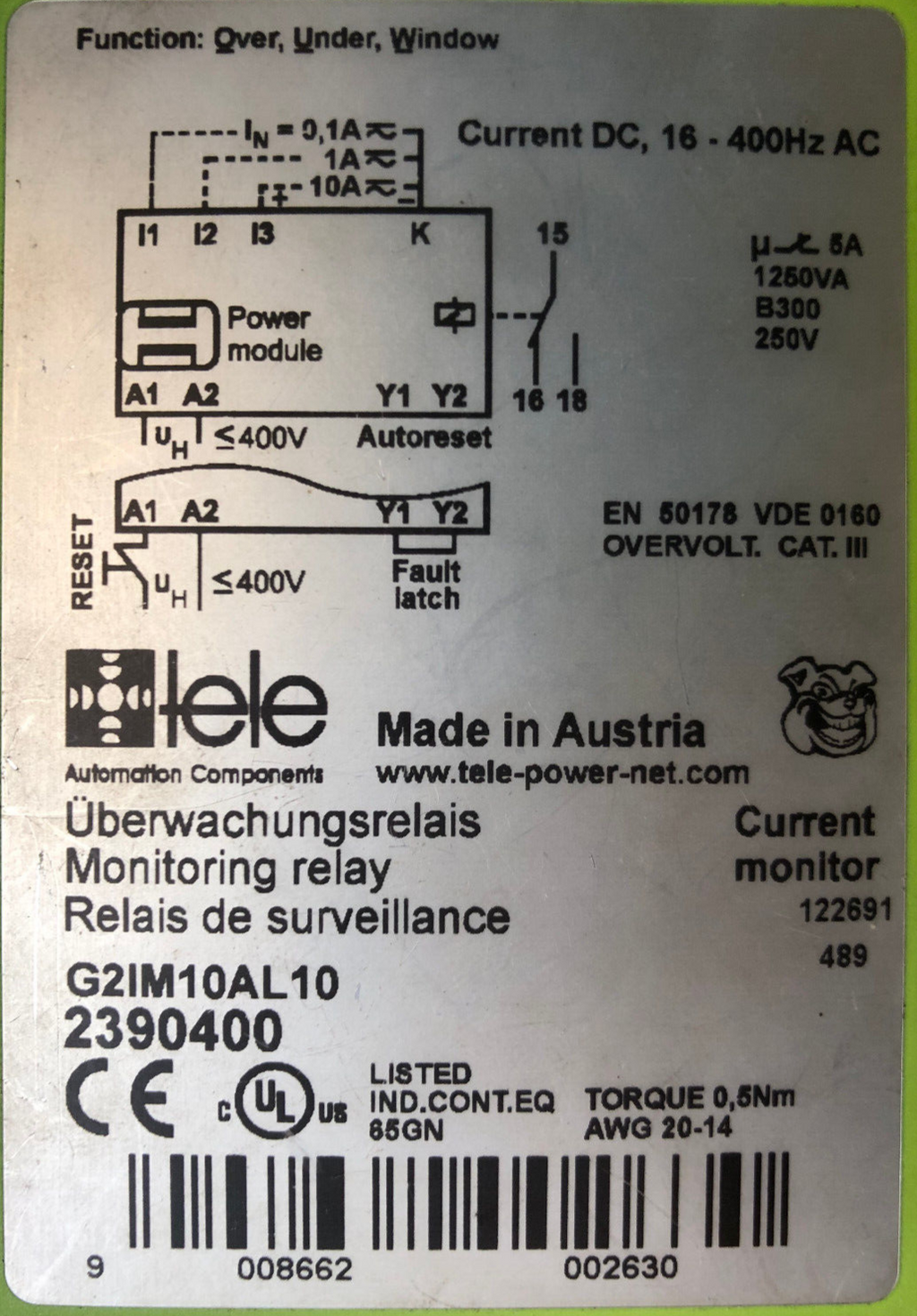 tele Automation Components G2IM10AL10 Überwachungsrelais 23904000