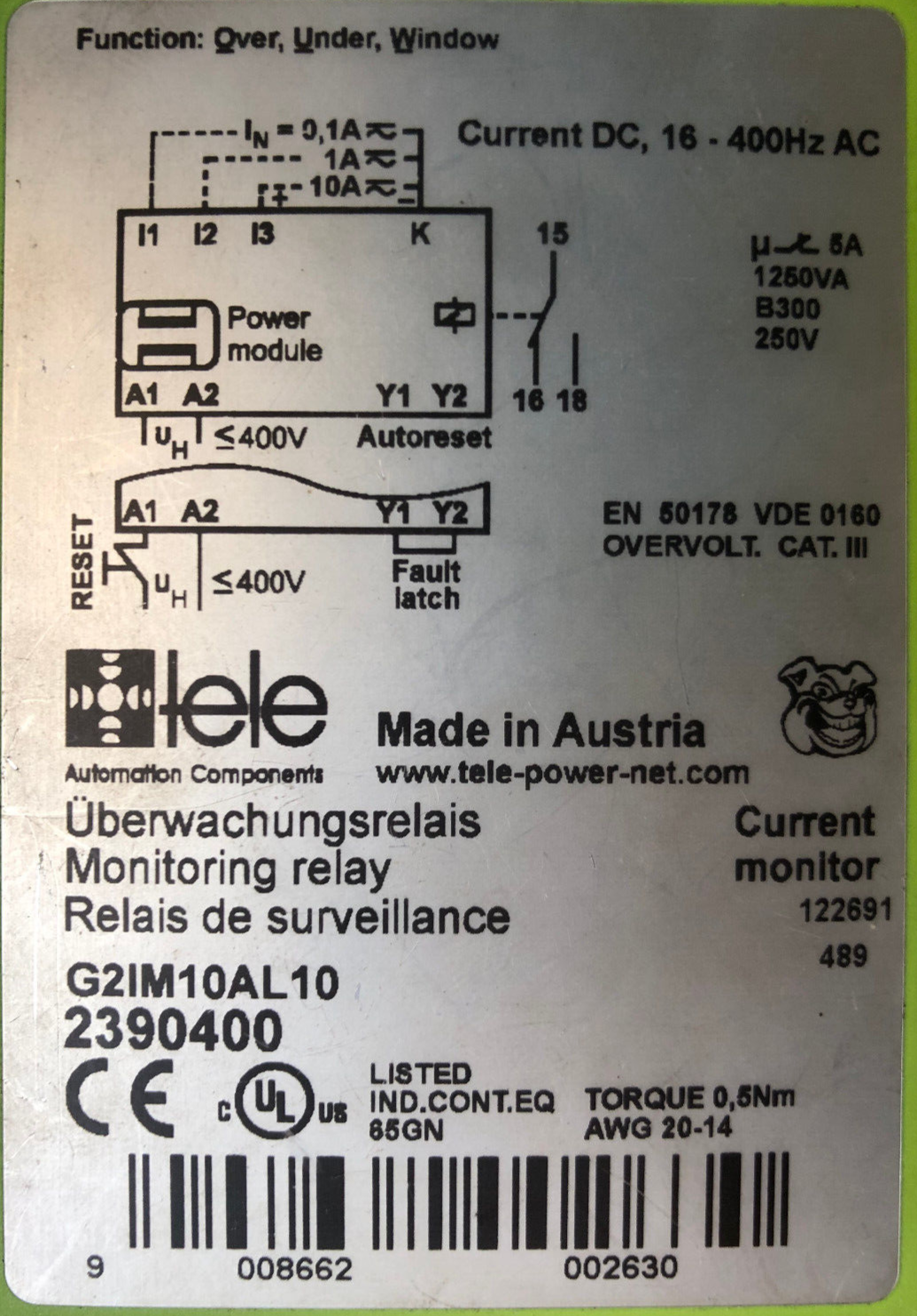 tele Automation Components G2IM10AL10 Überwachungsrelais 23904000