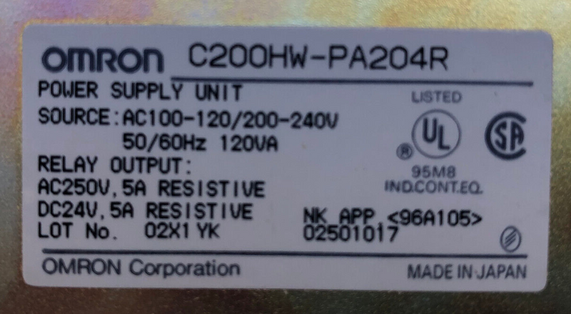 Omron C200HW-PA204R POWER SUPPLY UNIT DC24V, 5A