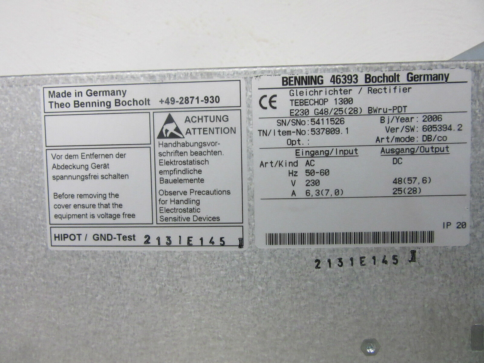 Benning Gleichrichter/Rectifier Tebechop 1300 E230 G48/25(28)
