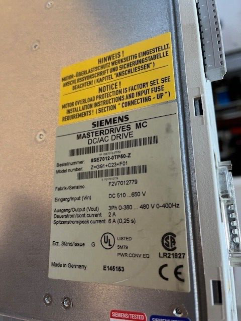 Siemens 6SE7012-0TP50-Z MASTERDRIVES MODEL NR. Z=G91+C23+F01