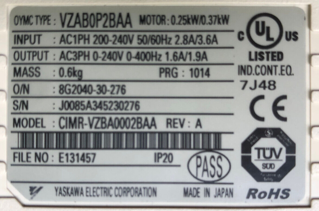 OMRON Frequenzumrichter 1-phasig V1000 0,37KW Yaskawa VZAB0P2BAA