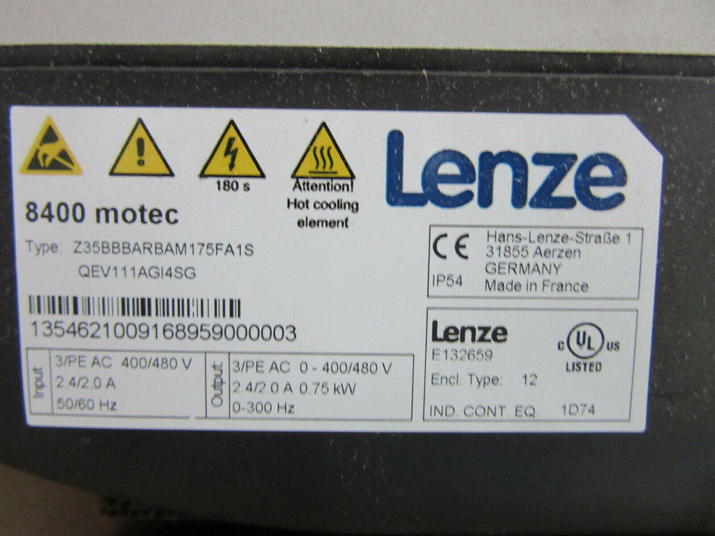 Lenze 8400 motec E84DGDVB75142PS HW: 0,75kW + Z35BBARBAM137FA1S -unused/OVP-