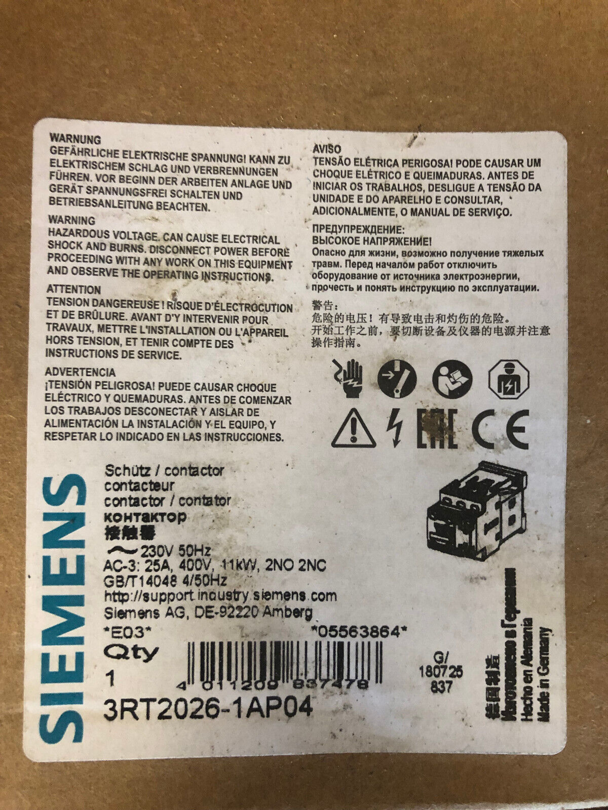 Siemens Schütz Contactor 3RT2026-1AP04 400V, 11KW