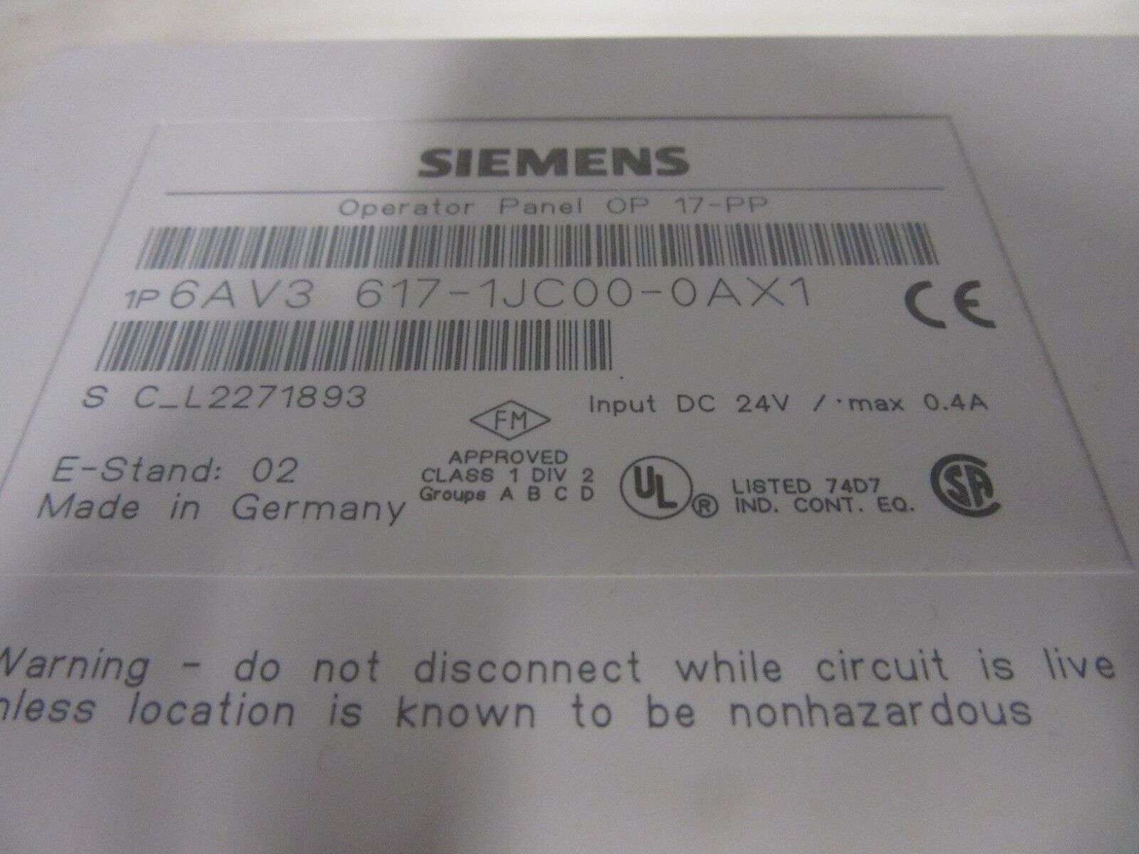 Siemens Simatic Operator Panel OP 17-PP 6AV3 617-1JC00-0AX1 E-Stand: 02