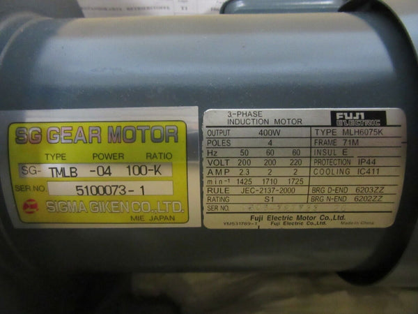 Fuji Electric 3~Phase Induction Motor MLH6075K SG Gear Motor SG-TMLB-04 100-K