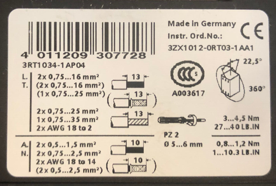 Siemens Schütz Contactor 3RT1034-1AP04 400V, 15KW
