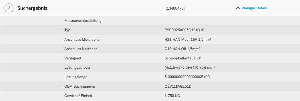 Lenze Motoranschlussleitung, EYP0025A0050H21Q10, Mat.-Nr. 13488478