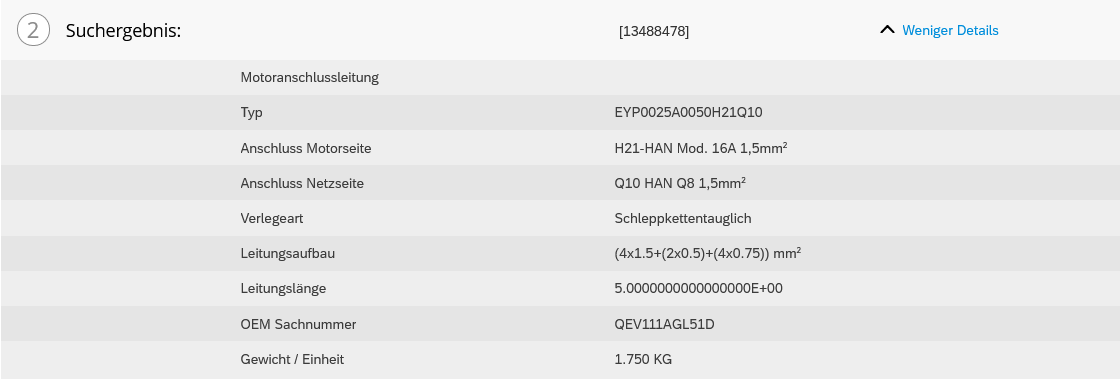 Lenze Motoranschlussleitung, EYP0025A0050H21Q10, Mat.-Nr. 13488478