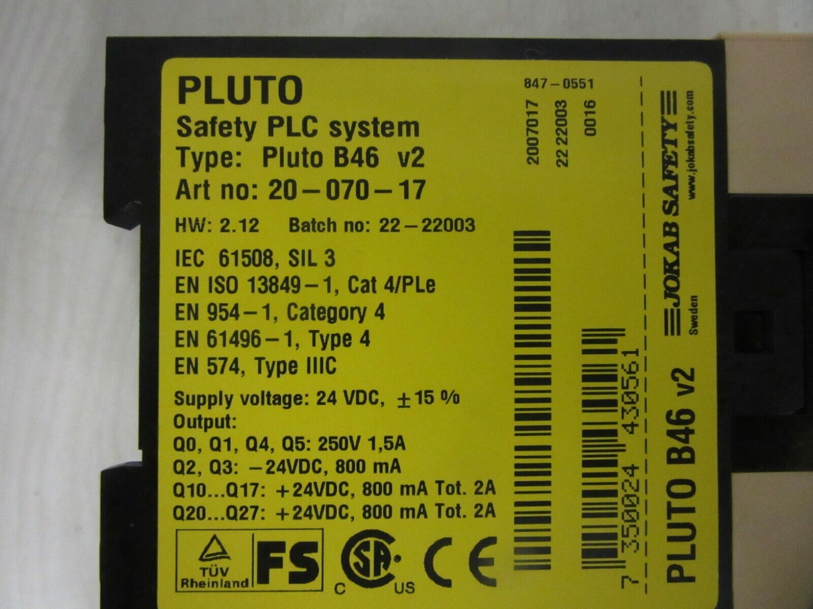 Jakob Safety PLC system  Pluto B46 v2 Art No: 20-070-17