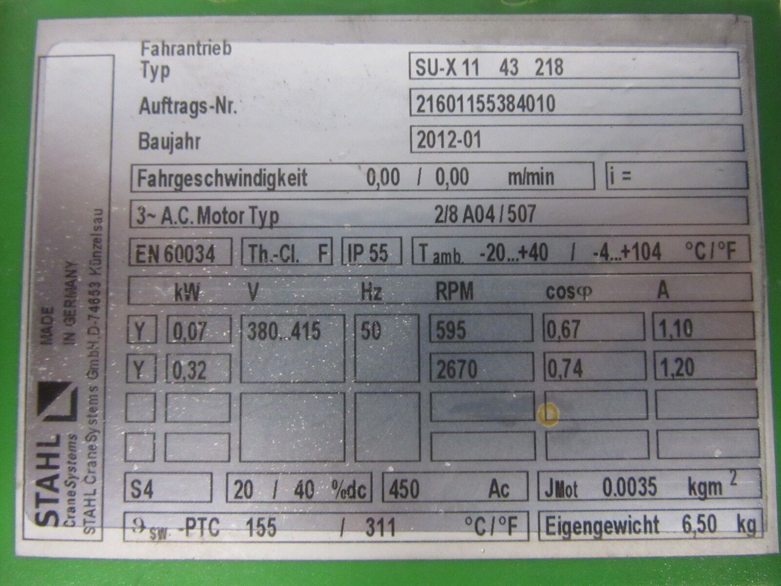 Stahl Motor SU - X 11 43 218 Kranantriebsmotor 