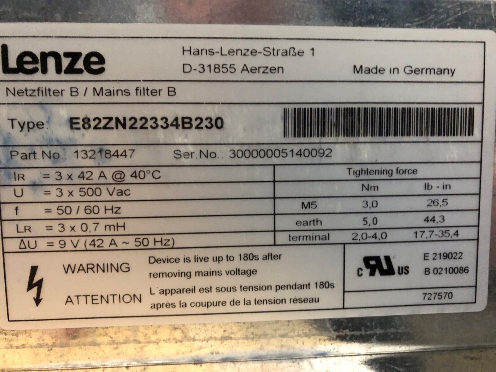Lenze 8200vector  ID.13206910 E82EV153_4B201 15 KW und  Netzfilter E82ZN22334