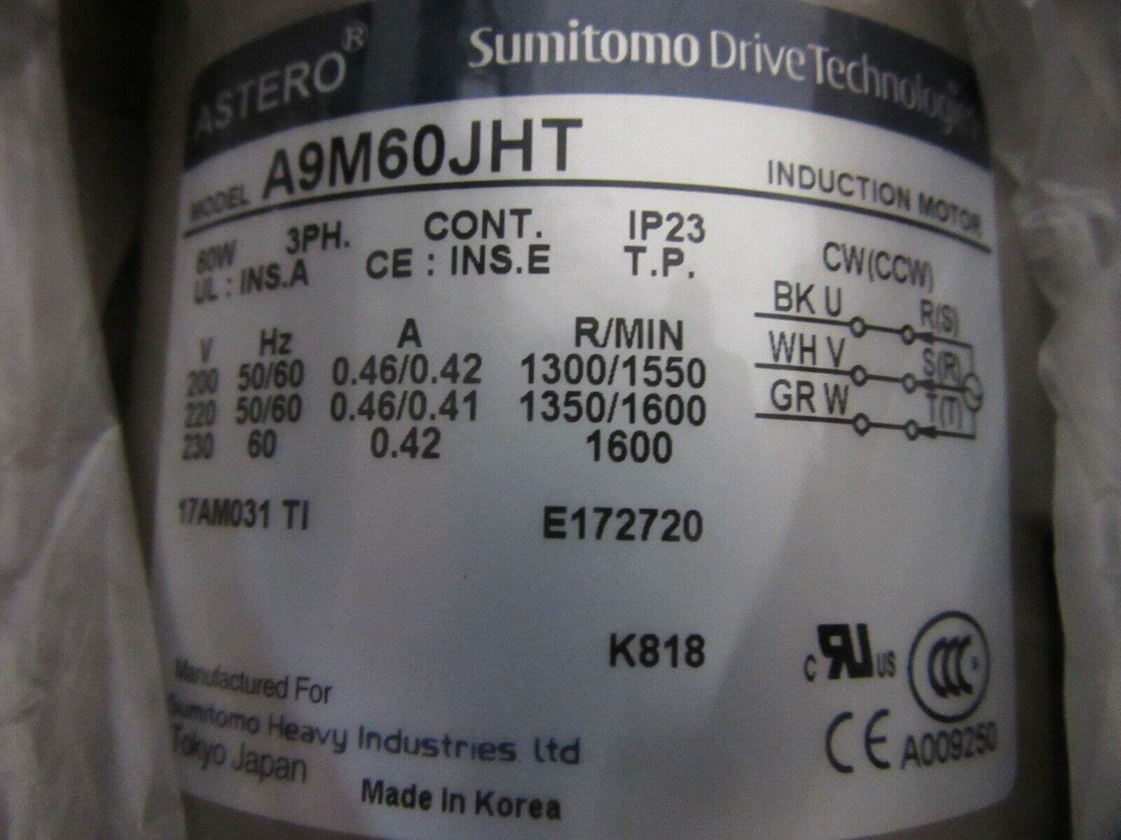 Astero Sumitomo A9M60JHT Induction Motor 3ph 60w Induktionsmotor